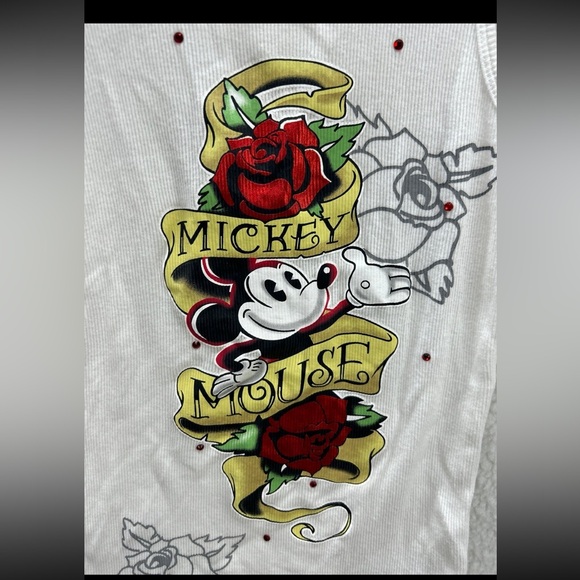 Womens medium tank top Mickey Mouse Roses tattoo style roses both sides - Picture 1 of 12